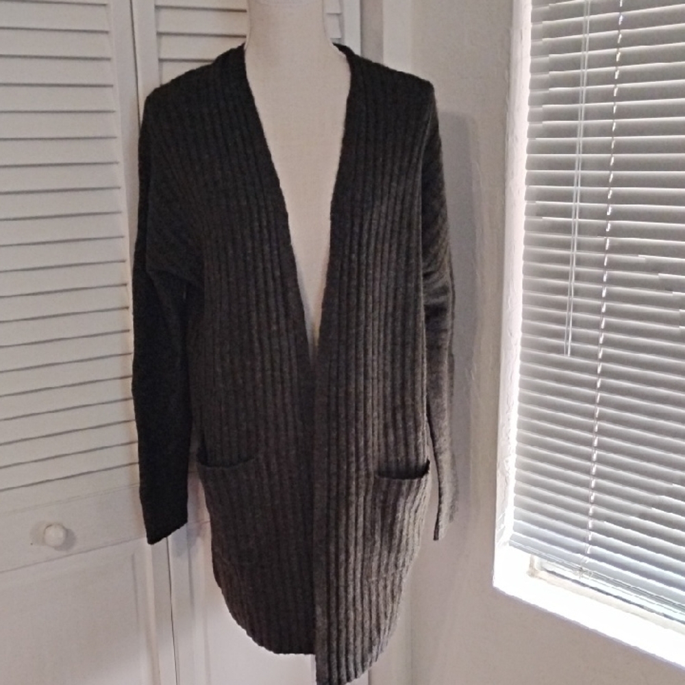 Tahari Charcoal Ribbed Open Cardigan